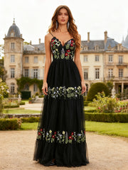 Floral Embroidered Tulle A-Line Gown with Lace-Up Back Black