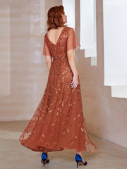 Embroidered Leaf Sequin Mesh Maxi Dress with Flutter Sleeves Burnt Orange