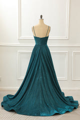 Spaghetti Straps Blue Long Sparkly Prom Dress V-neck Sexy