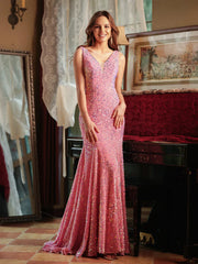 Trumpet/Mermaid V-Neck Sleeveless Ruffles Long Tight Prom Dresses