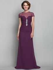 Sheath / Column Mother of the Bride Dress See Through Jewel Neck Sweep / Brush Train Chiffon Tulle Short Sleeve with Beading Side Draping