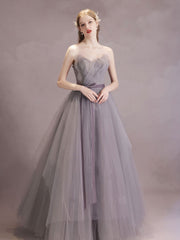 A-Line Tulle Lace Gray Purple Long Prom Dress, Gray Purple Formal Evening Dress