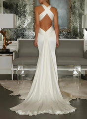 V-Neck Sleeveless Sweep Train Silk Like Satin Wedding Dresses