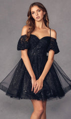 Puff-Sleeve Short A-Line Shimmer Prom Dress 886