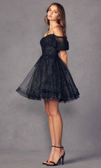 Puff-Sleeve Short A-Line Shimmer Prom Dress 886