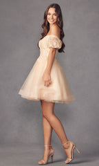 Puff-Sleeve Short A-Line Shimmer Prom Dress 886