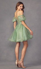 Puff-Sleeve Short A-Line Shimmer Prom Dress 886