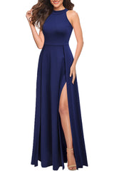Navy Blue Women's Halter Neck Sexy Split Cocktail Party Maxi Long Formal Prom Dress