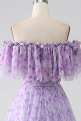 A-Line Off the Shoulder Floral Long Prom Dress With Ruffles Beautiful