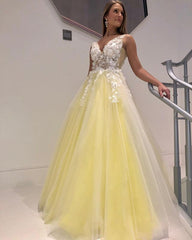 V-neck Tulle Long Prom Dress with Appliques and Beading,Prom Dresses,Pageant Dress