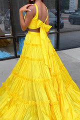 Yellow Two Piece Satin Long Prom Dress with Bow Tie