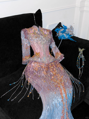 Fashion Sparkling Beaded Sequin Mermaid Elegant Chiffon Evening Dress Prom Dresses HZ1024