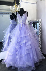 V-neck Long Prom Dress with Appliques,Prom Dresses,Pageant Dress