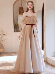 Champagne tulle beads long prom dress, A line tulle formal dress
