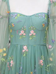 Green A-line Sweetheart Green Tulle Lace Long Prom Dress, Green Formal Dress