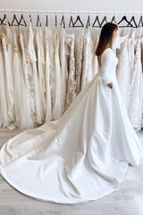 White Vintage A-Line Long Satin Bateau-Neck Backless Wedding Dress