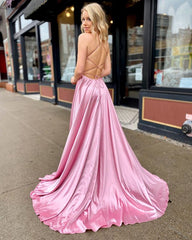 Simple Long Pink Prom Dresses Split Open Back
