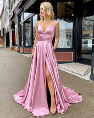 Simple Long Pink Prom Dresses Split Open Back