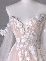 A-Line Long Sleeves Tulle Lace Champagne Long Prom Dress, Champagne Long Formal Dress