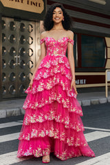A-Line Off The Shoulder Sparkly Sequin Tiered Prom Dress Floor Length With Slit Sexy