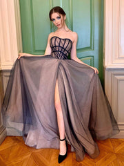 Simple black tulle long prom dress, black evening dress