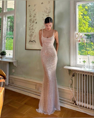 Champagne Mermaid Straps Sequin Prom Dresses Maxi Dress 22th Birthday Outfits