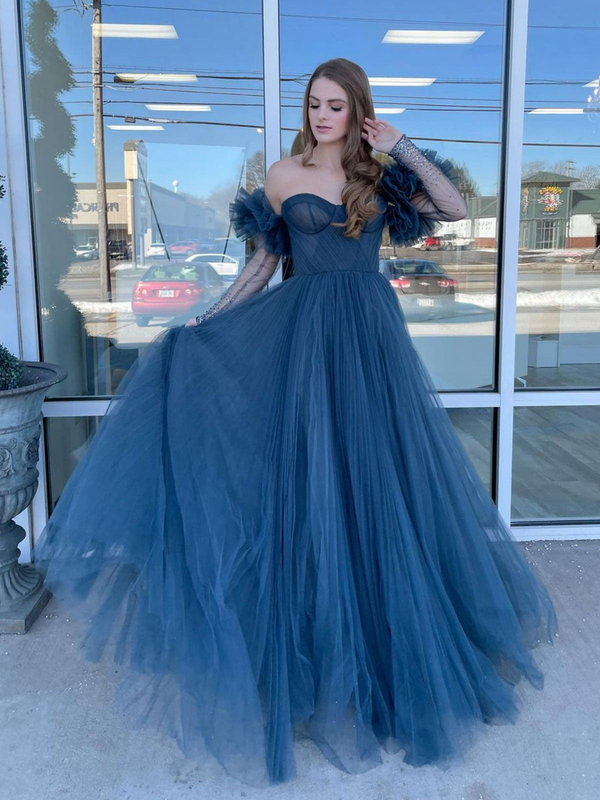 Simple sweetheart neck tulle sequin long prom dress, blue formal dress