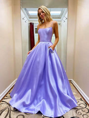 Purple A line satin long prom dress, purple evening dress