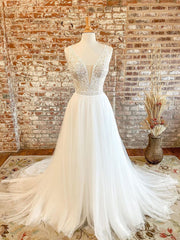 White v neck tulle lace long prom dress, lace tulle wedding dress