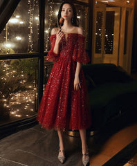 Burgundy tulle sequin short prom dress burgundy formal dress