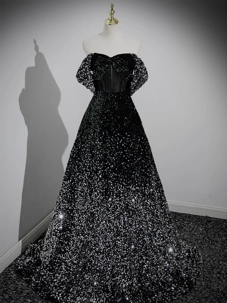 A-Line Velvet Sequin Long Black Prom Dress, Black Long Evening Dress