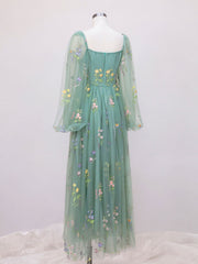 Green A-line Sweetheart Green Tulle Lace Long Prom Dress, Green Formal Dress