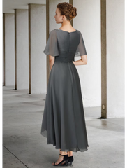 A-Line Mother of the Bride Dress Elegant High Low V Neck Asymmetrical Chiffon Short Sleeve with Pleats Ruching