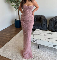 Classy Mermaid Strapless Tulle Pink Long Evening Dress Prom Dresses With Beads SD2073