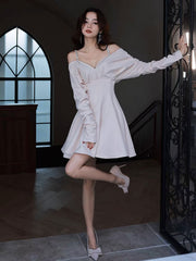 Satin V Neck Short Prom Dress, Long Sleeves Cocktail Dresses