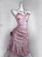 Glitter Pink Sequin Spaghetti Strap Butterfly Design 16th Birthday Party Dress Homecoming Dress HZ0319