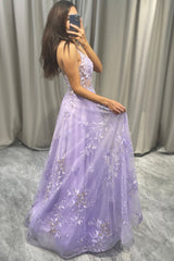 Elegant Purple A Line Tulle Long Beaded Prom Dress With Appliques Beautiful