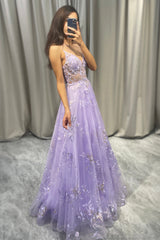 Elegant Purple A Line Tulle Long Beaded Prom Dress With Appliques Beautiful