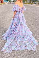 A Line Pink Green Flower Strapless Corset Tulle Long Prom Dress Off Shoulder