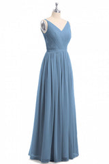 Eenvoudige stoffige blauwe V-hals Backless A-Line lange bruidsmeisje jurk