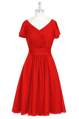 Red Chiffon V-hals gegoed a-lijn korte bruidsmeisje jurk