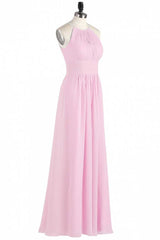 Roze chiffon halter mouwloze a-line lange bruidsmeisje jurk