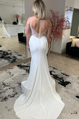 White Beaded Spaghetti Strap Mermaid Long Bridal Gown