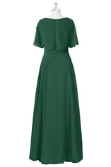 Green Crew Neck Short Sleeve Ruffled A-Line Bridesmaid Dress