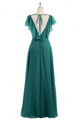 Wine Red Chiffon Backless gegolfde mouw Lange bruidsmeisjurk