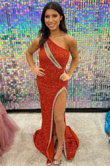 One-Shoulder Sequin Rhinestone Keyhole Long Dress with Slit