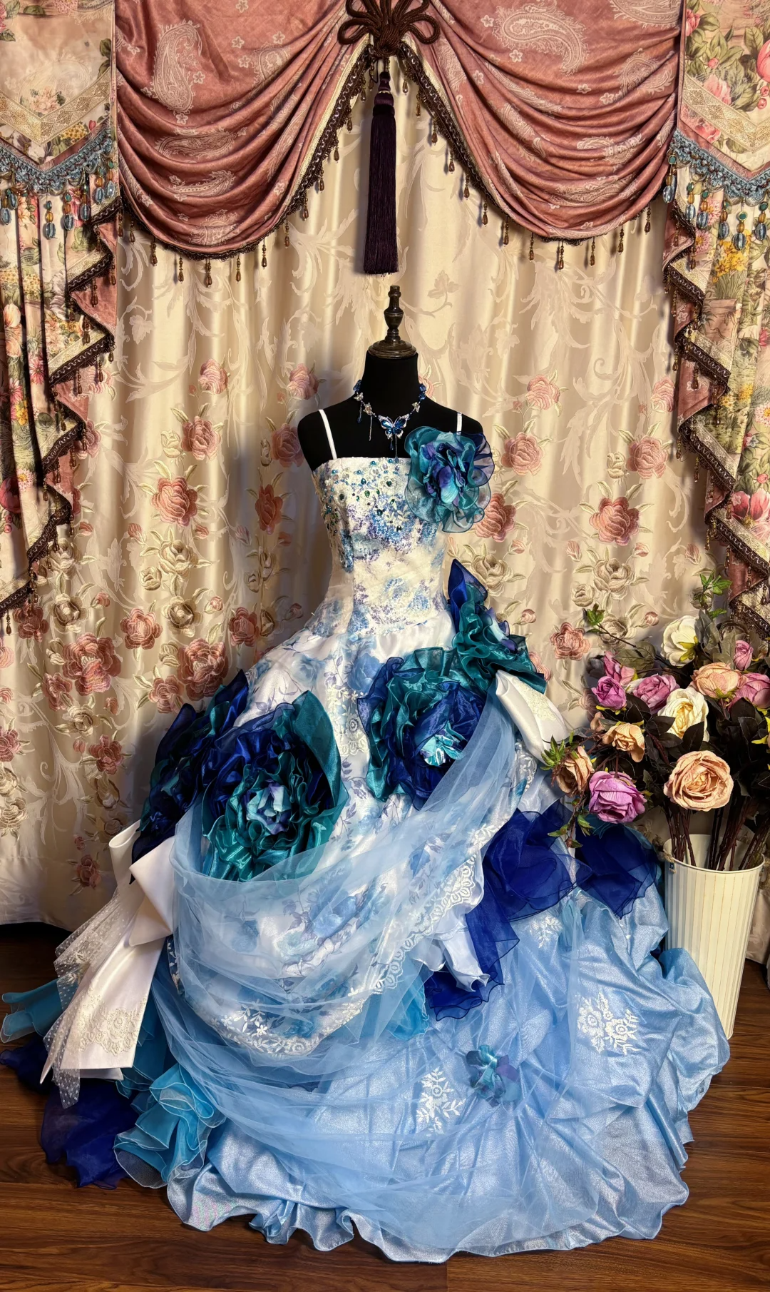 Blue Straps A-Line Floral Printed Retro Long Evening Dress Birthday Ball Gown, HZ0319