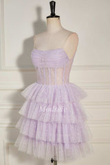 Lilac Tulle Strapless Tiered Short Homecoming Dress with Ruffles