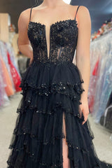 A-Line Sequin Lace Spaghetti Strap Ruffle Tiered Long Prom Dress
