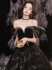 Black tulle off shoulder long prom dress, black tulle formal dress